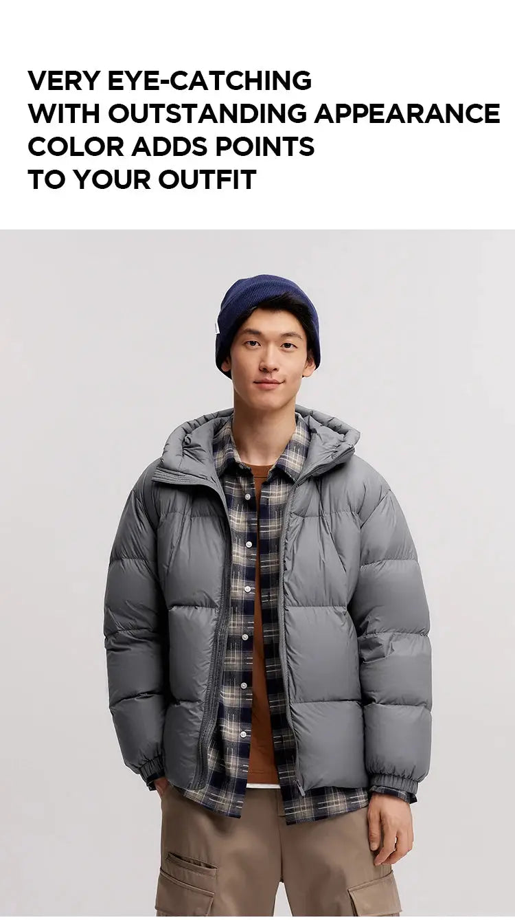 Semir men's gray hooded down jacket with quilted panels worn over a plaid shirt.