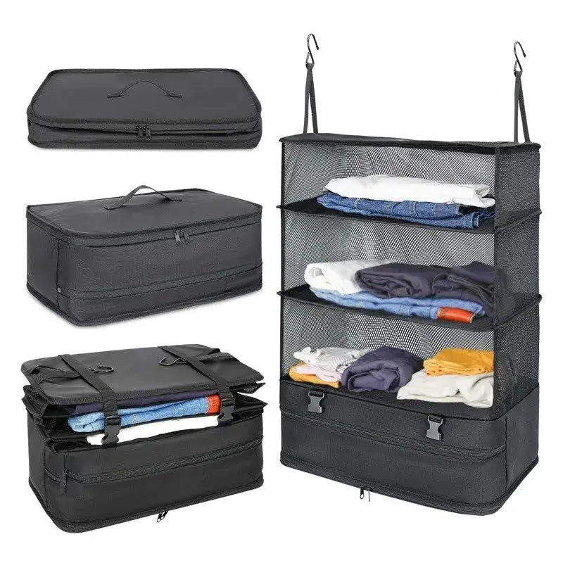3-in-1 hanging travel clothes organizer by Simples Market in black with mesh shelves and bottom zipper pouch