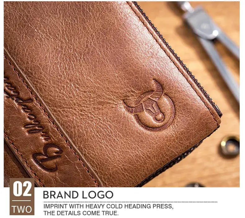 BullCaptain retro brown leather men's wallet with zipper, RFID card holder and embossed logo