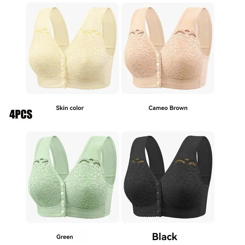 Soft cotton front-button lace bra, no underwire, extra large, 4-pack in skin, cameo brown, green, and black