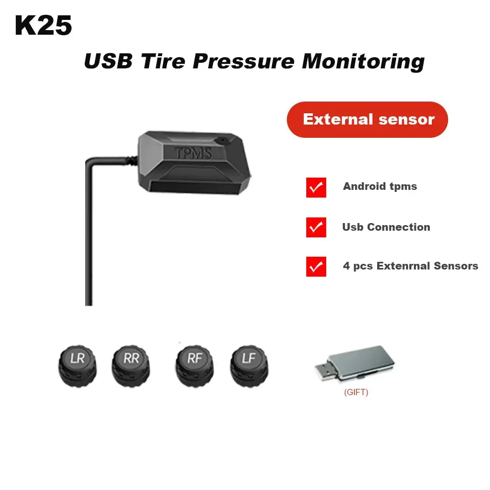 Simples Market K25 USB TPMS for Android navigation with tire pressure and temperature detection; includes 4 sensors