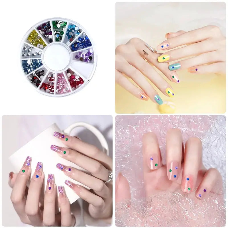 Gel Varnish Kit by Simples Market; professional nail gel set with pastel nails and gem accents (4-panel collage)
