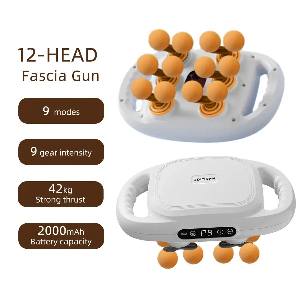 12-head fascia gun with orange massage heads; white body, 9 modes, 9 gear intensity, 42 kg thrust, 2000mAh battery.