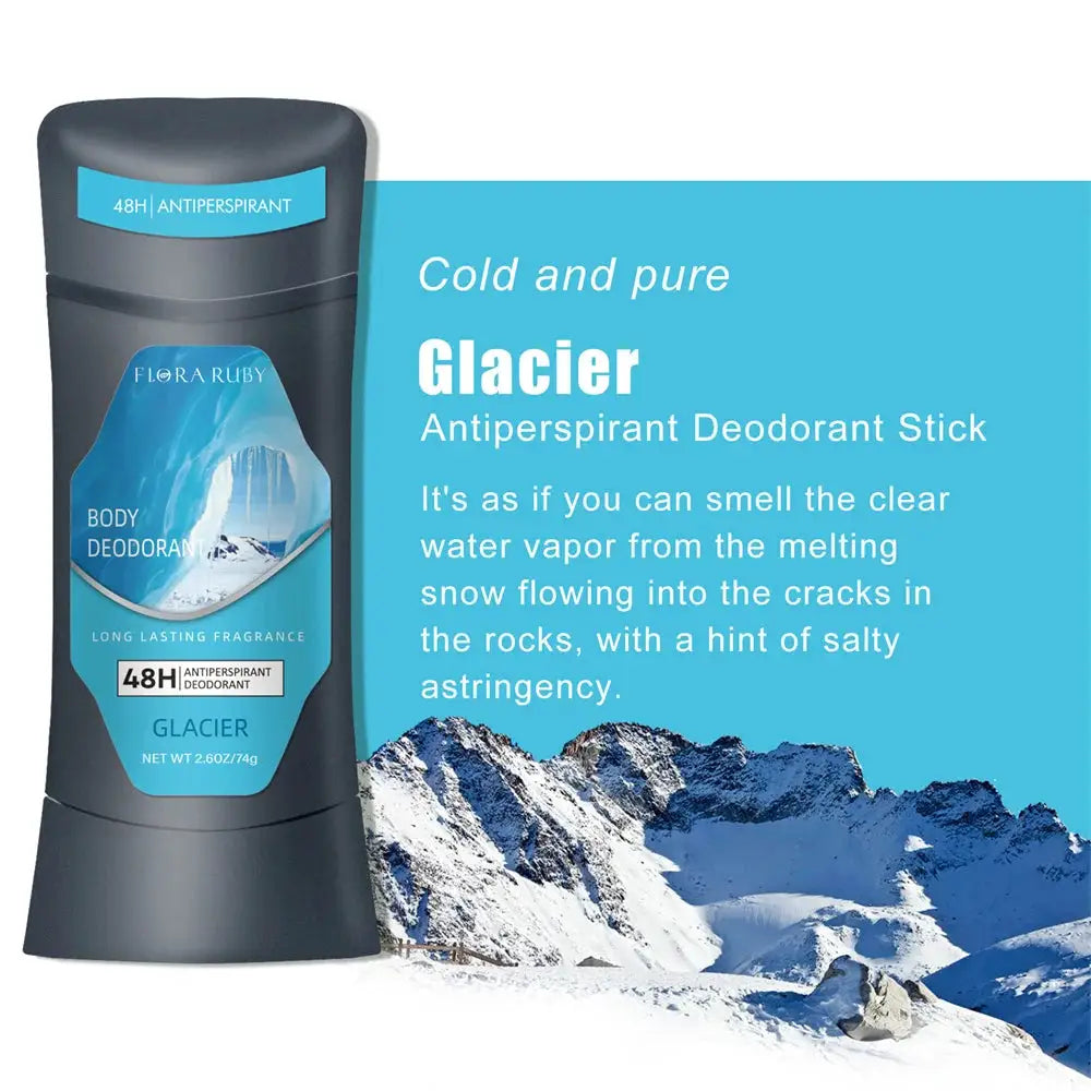 Glacier antiperspirant deodorant stick in dark blue container with blue label, 74 g