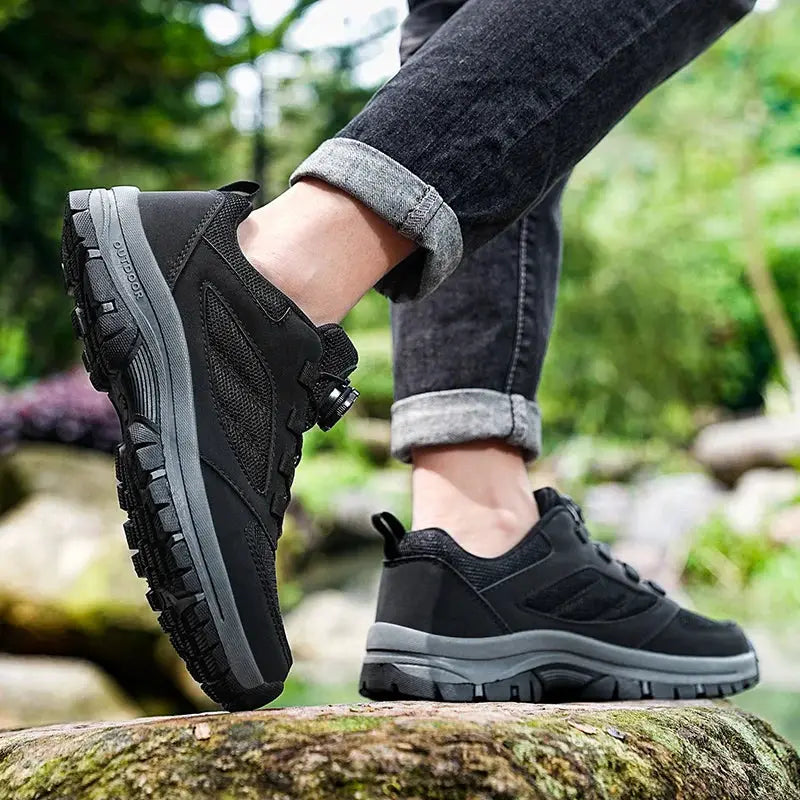 Men's outdoor hiking shoes with rotating buckle, black anti-slip design, available in sizes 39–48