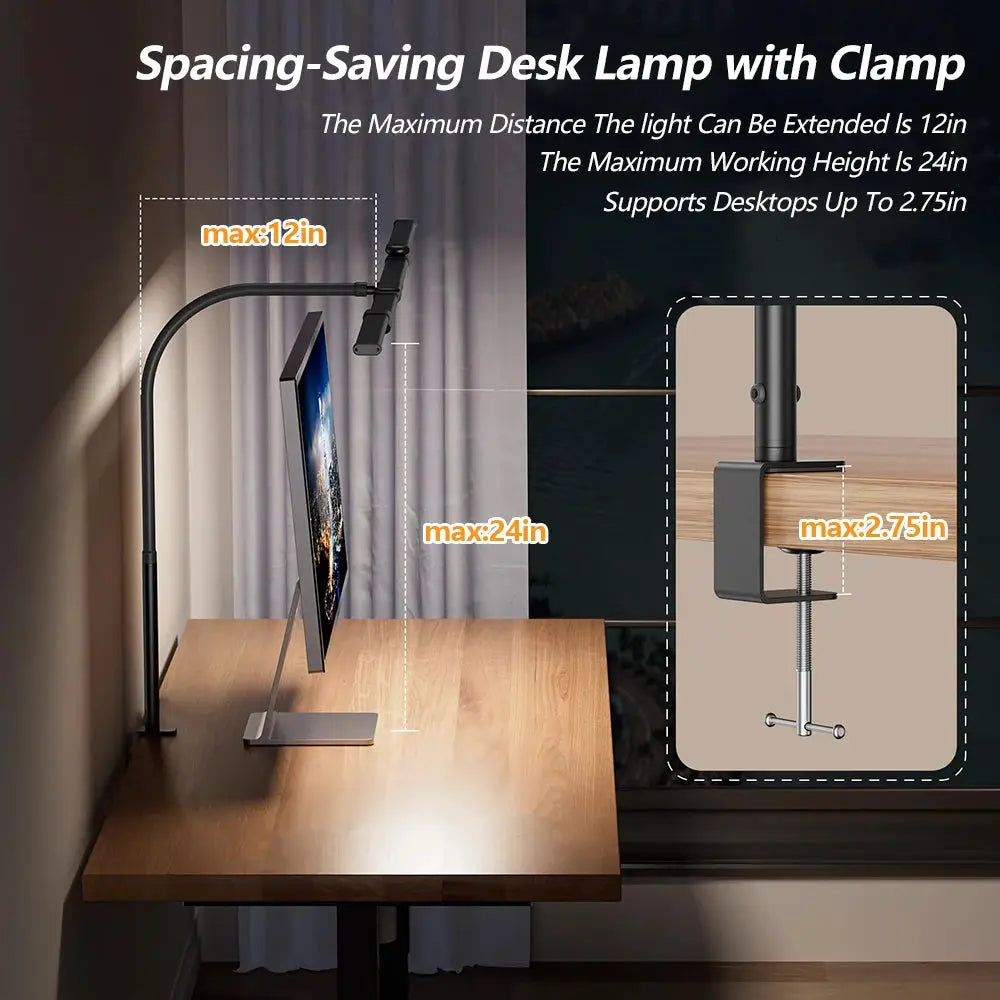 Eye-care LED clip-on metal desk lamp, black, adjustable with rotating head and 10 brightness levels