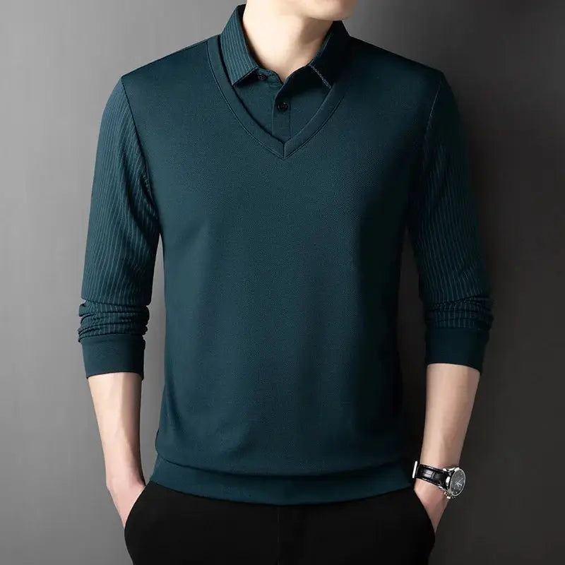 Men's teal long-sleeve faux two-piece polo top by Simples Market with V-neck knit overlay