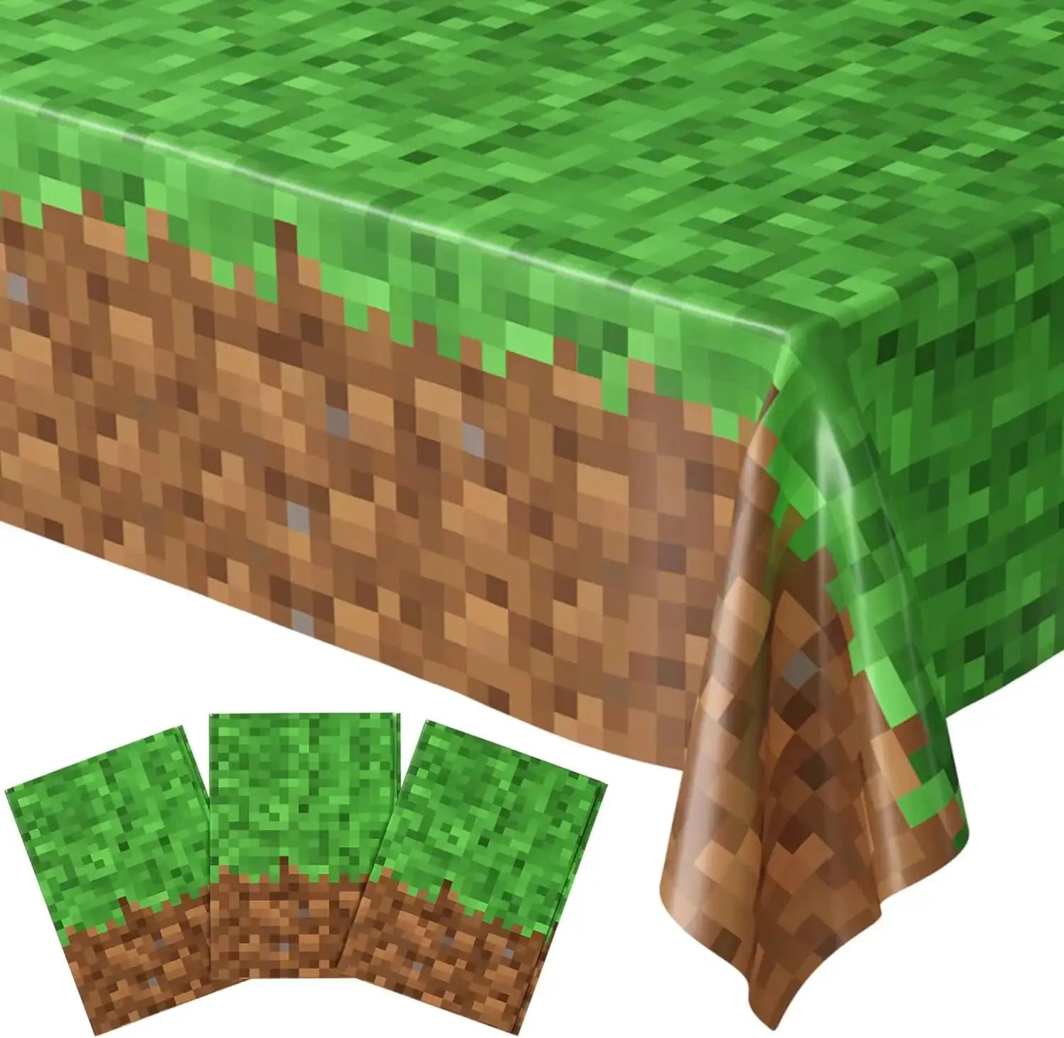 Pixel Miner Style Grass Tablecloth For Gaming Birthday Party Decor Mining Craft Theme Pixel Miner Party Supplies