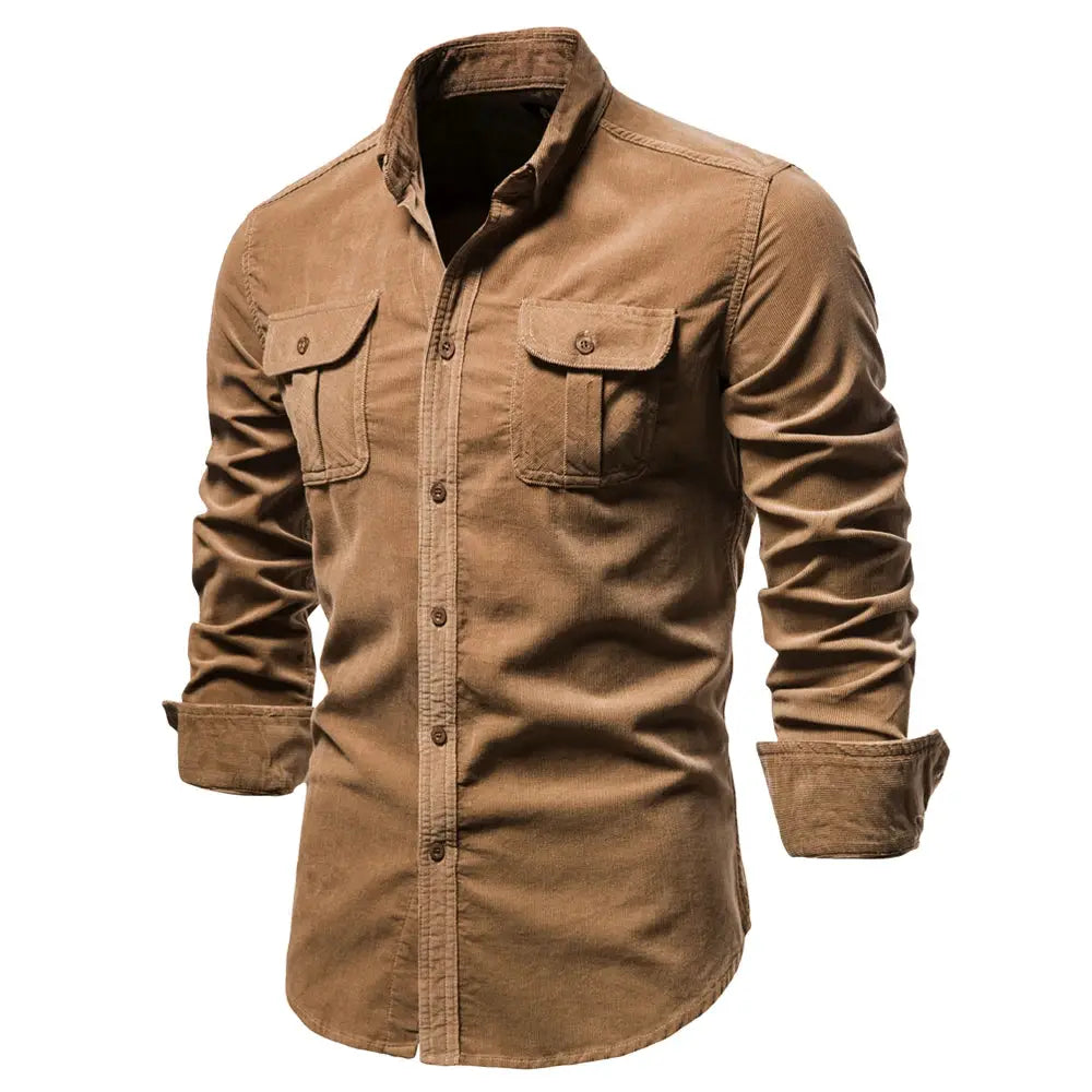 Simples Market men's corduroy shirt, 100% cotton, brown, single-breasted with chest pockets