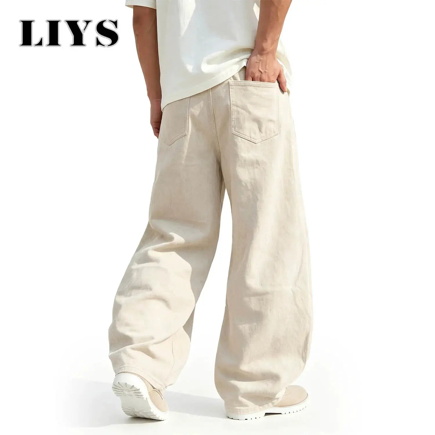 LIYS men's beige loose wide-leg high-waisted denim jeans with back pockets