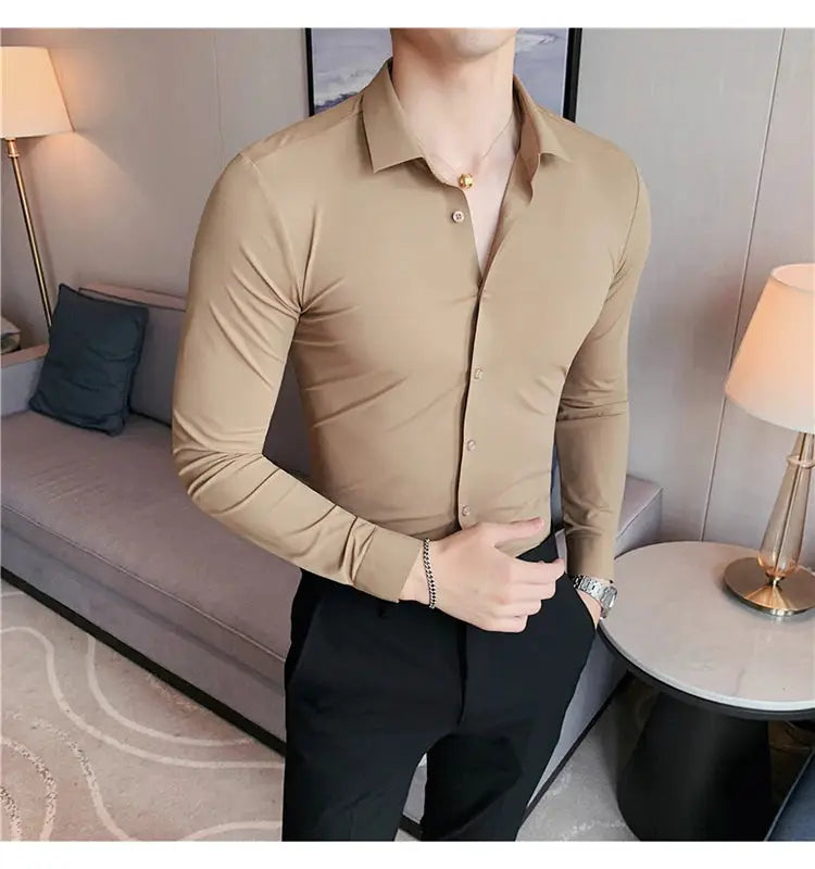 Men's beige long-sleeve shirt by Simples Market, 4XL plus-size, slim fit