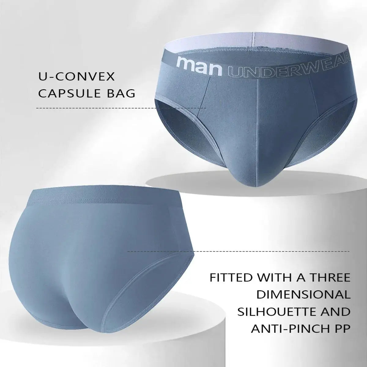 Men's blue briefs, two pairs on display with elastic waistband