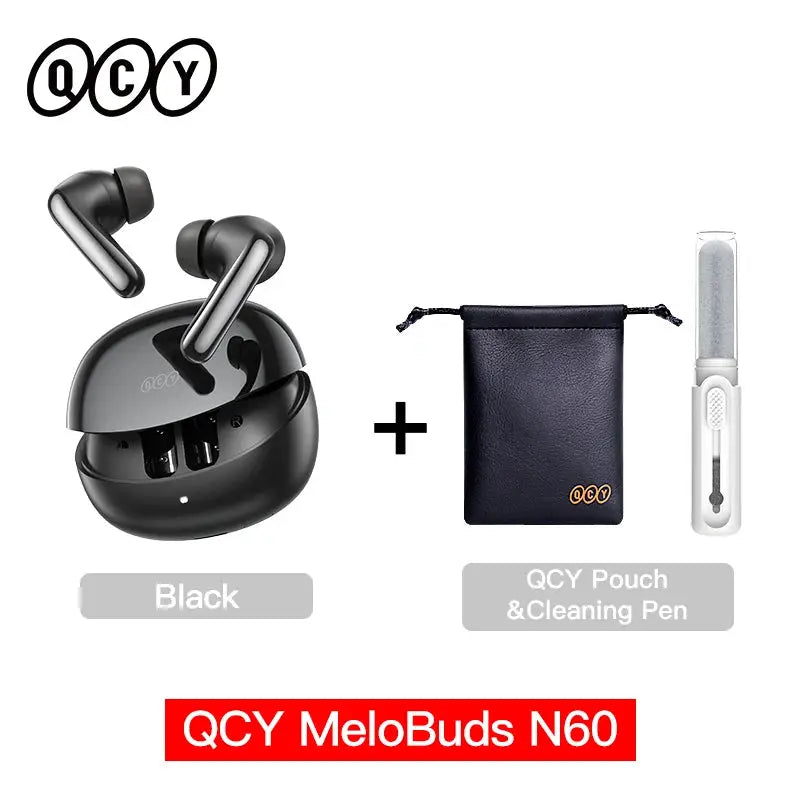 QCY MeloBuds N60 wireless earbuds in black with charging case; includes QCY pouch and cleaning pen.