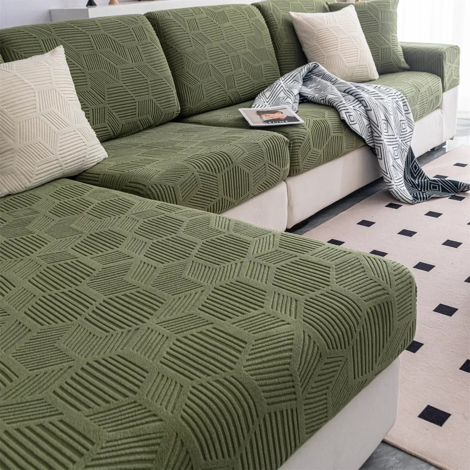 1Piece universal Peism jacquard stretch sofa cover by Simples Market in olive green with geometric pattern
