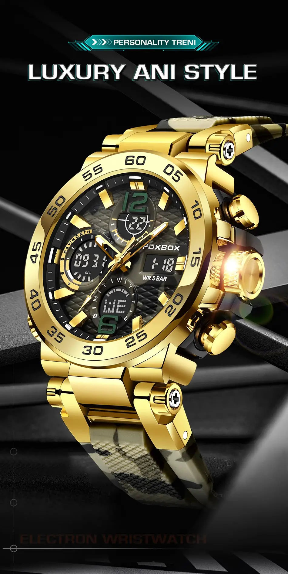 LIGE electronic men's wristwatch, gold-tone with LED display, multi-dial sporty design, waterproof.