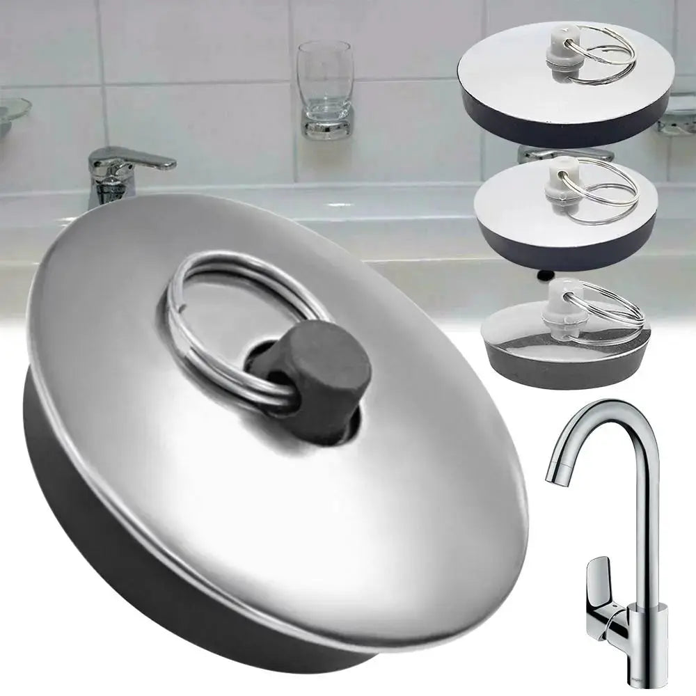 Stainless steel bath plug with rubber stopper and metal ring for tub drain