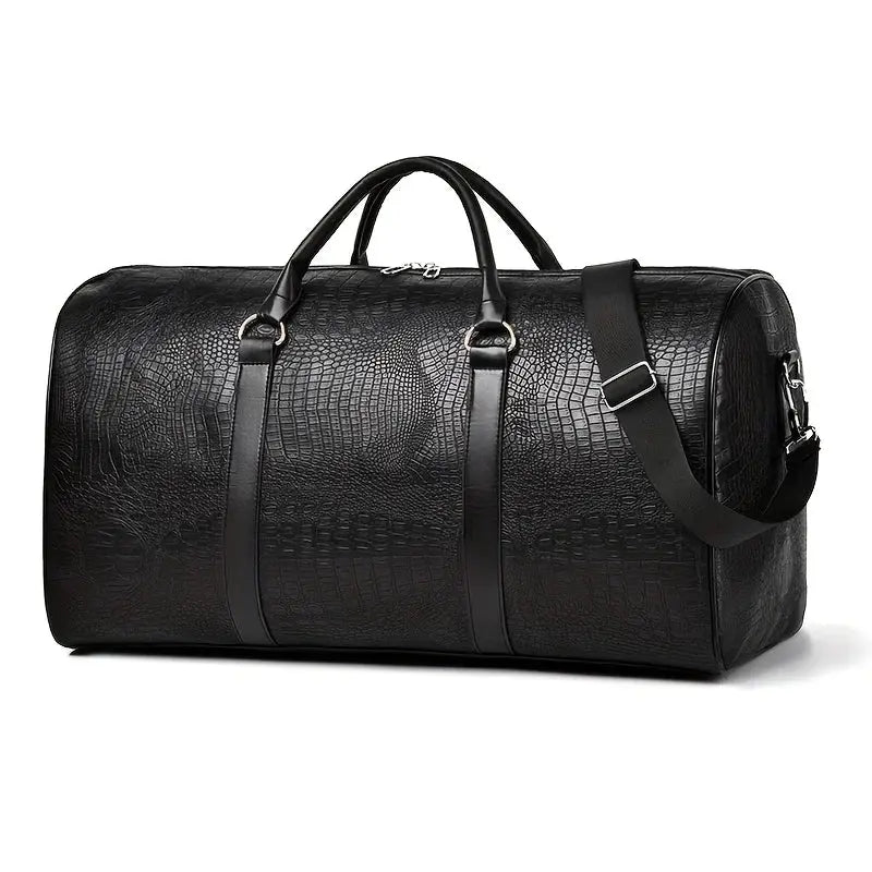 Large-capacity crocodile-textured travel duffel bag by Simples Market; black with removable shoulder strap