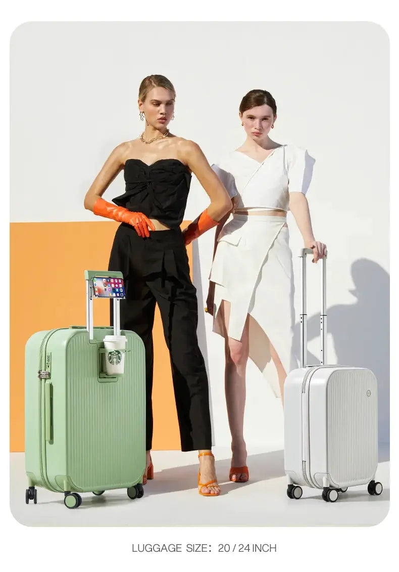 Mixi carry-on luggage by Simples Market: mint green and white hard-shell spinners with cup holder, 2-piece set.