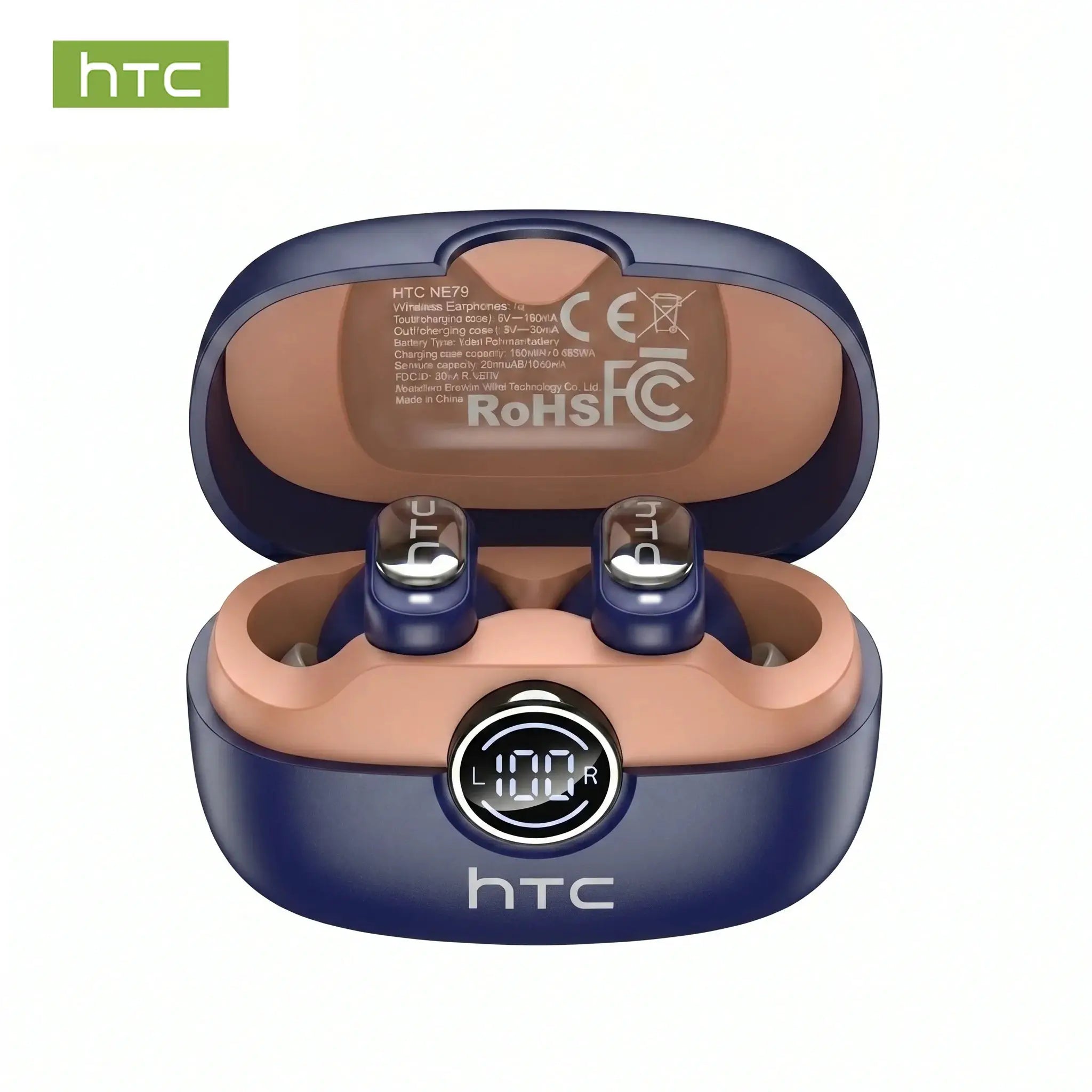 HTC NE79 wireless earbuds in navy charging case with LED display