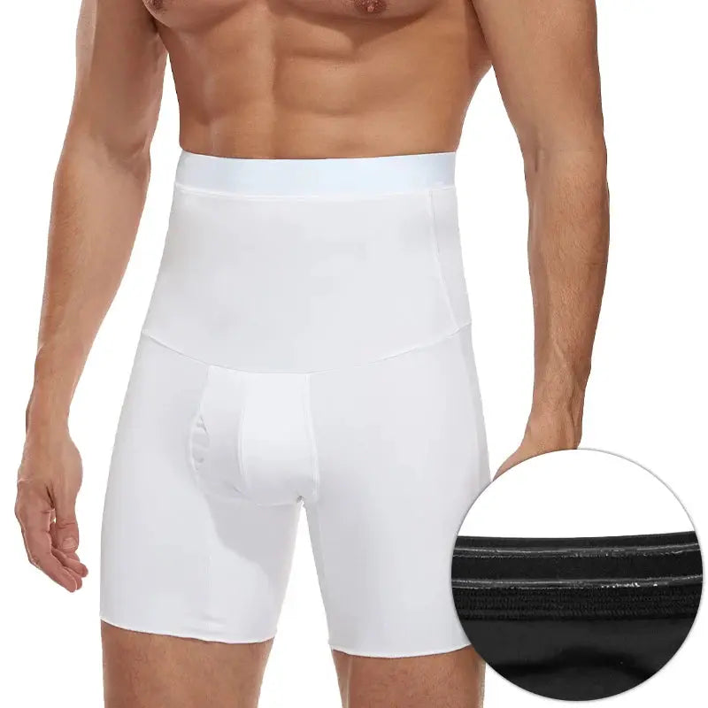 Men's white high-waist body shaper compression shorts for tummy control by Simples Market