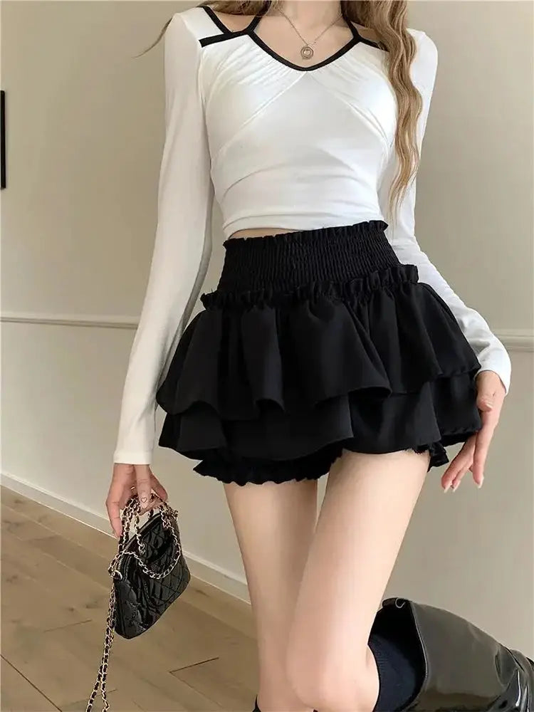 Mini Skirt Balletcore Elastic High Waist Patchwork Ruffle Lolita Short Y2K Korean Sweet Cute Sexy Womens Clothing