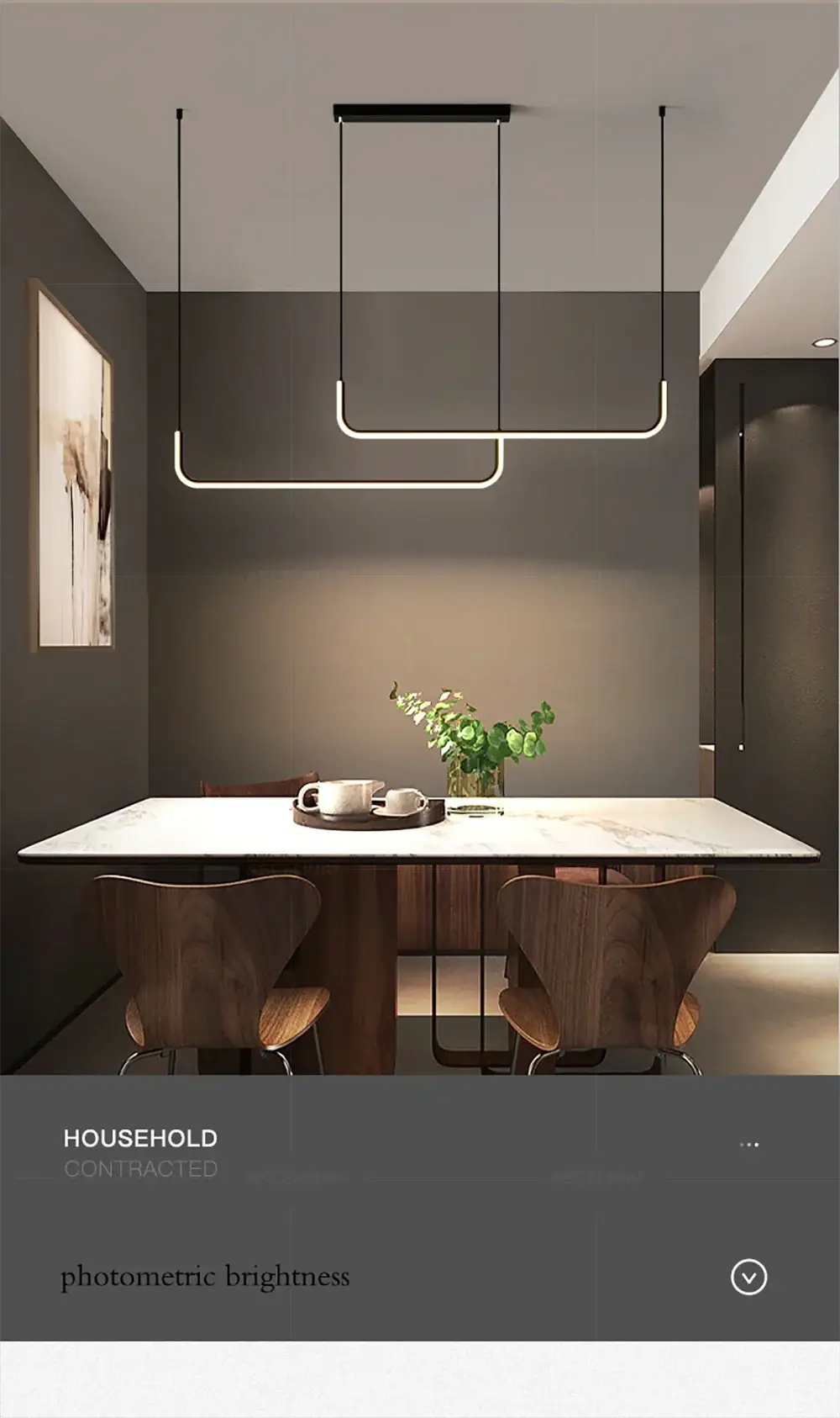 Modern LED strip chandelier light with two gold-toned curved pendants on black cords