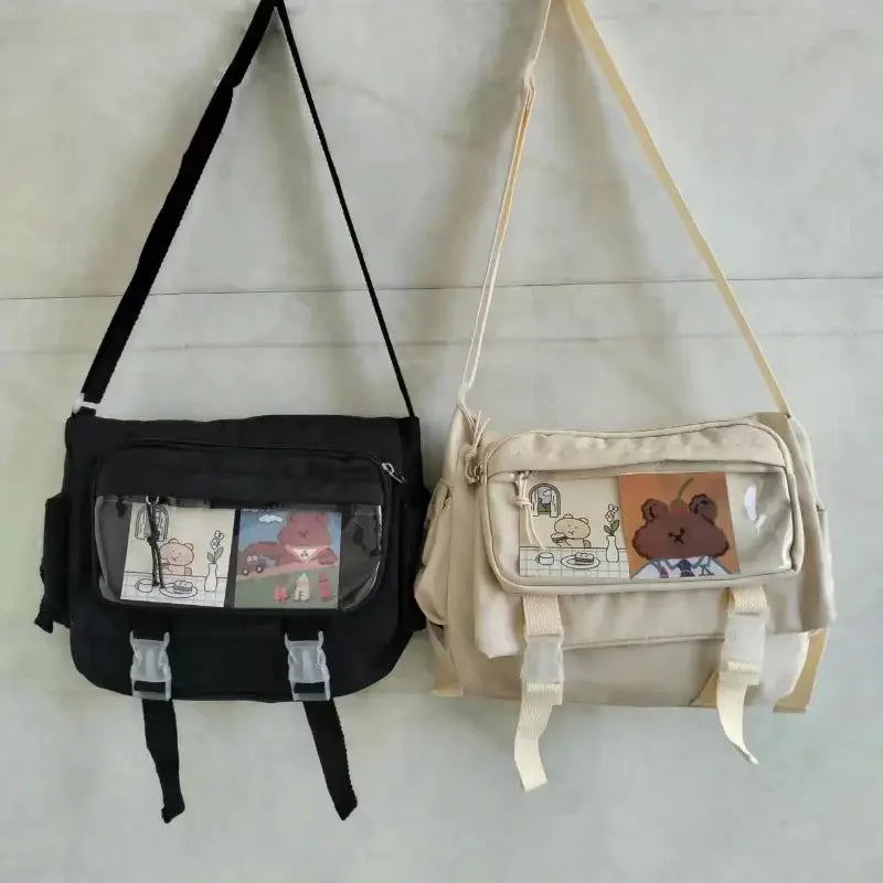 Large-capacity crossbody canvas bag by Simples Market in black and beige with clear front pockets (2 bags).