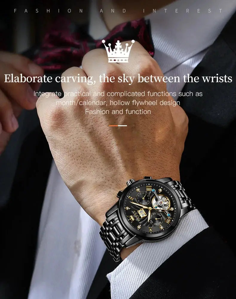 OLEVS Classic men's watch with black stainless steel bracelet and skeleton multi-function dial.