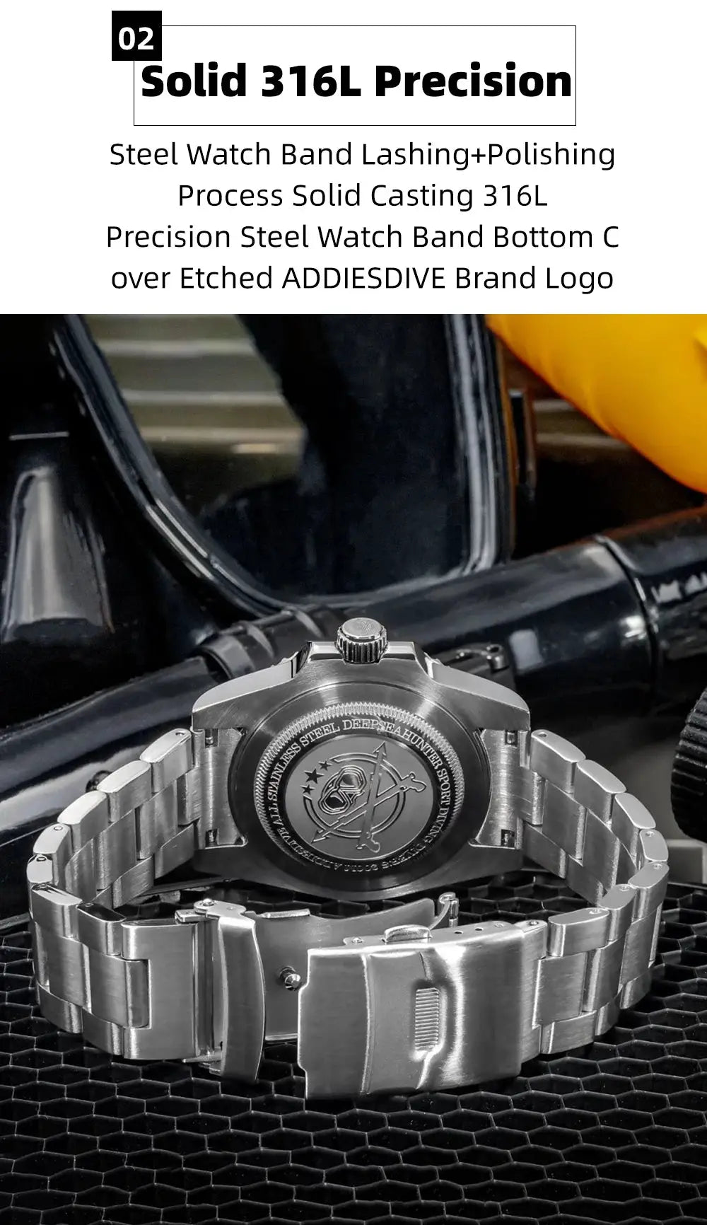 ADDIESDIVE 41mm men's quartz watch with stainless steel bracelet; caseback view