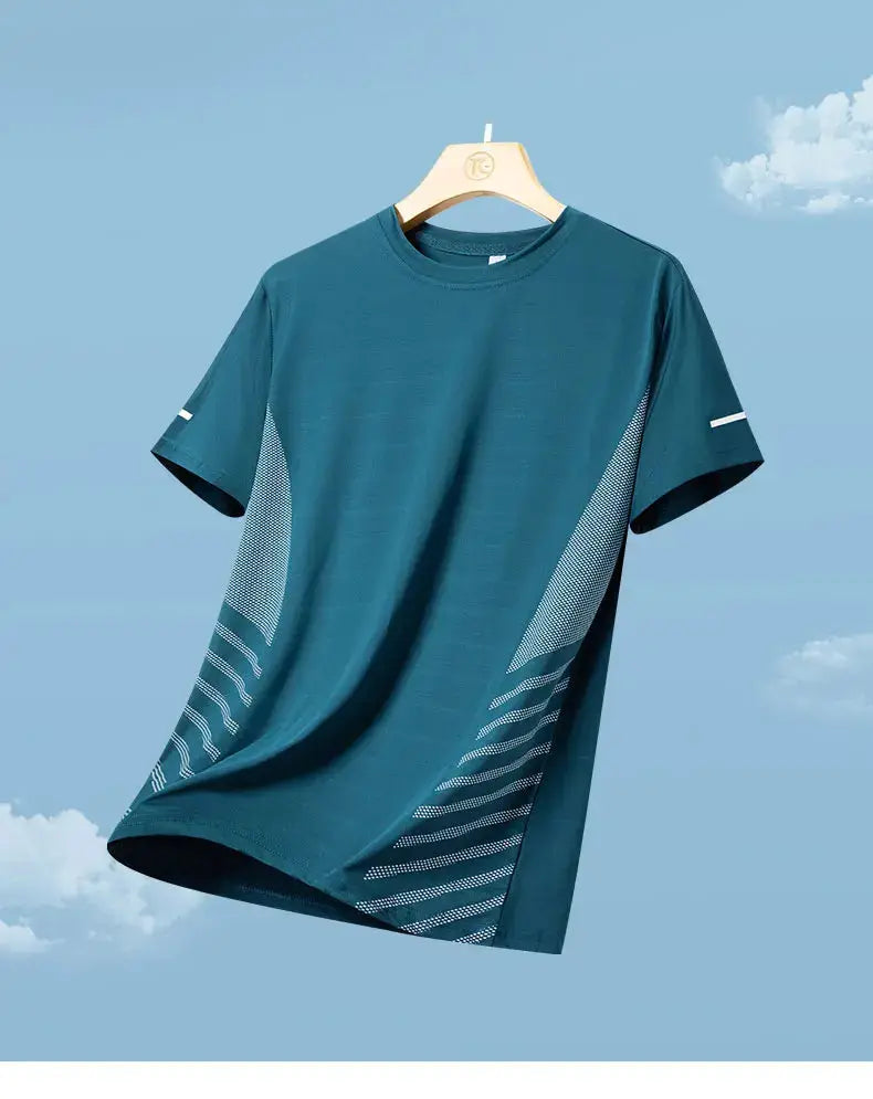 Men's teal running T-shirt with mesh side panels, breathable quick-dry short sleeve.