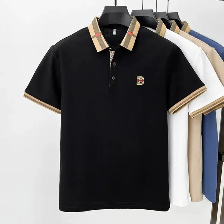 Simples Market silk-cotton polo shirt, black short-sleeve with beige plaid collar and small B logo; five color options shown