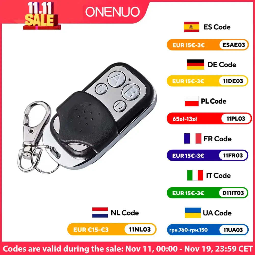 Universal 4-button garage door remote with black body, silver button panel, and keyring