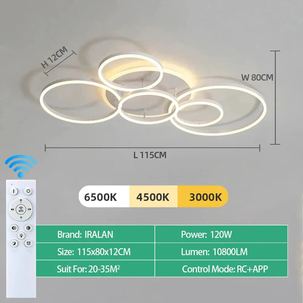 IRALAN modern LED ceiling chandelier, dimmable via RC+APP, 120W, 10800LM, 3000-6500K