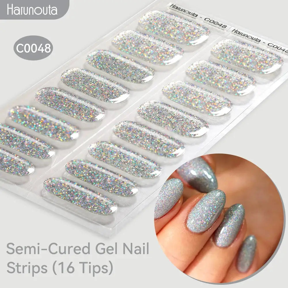 Semi-cured gel nail strips Gradient Auroras by Haunouta, holographic glitter finish, 16 tips