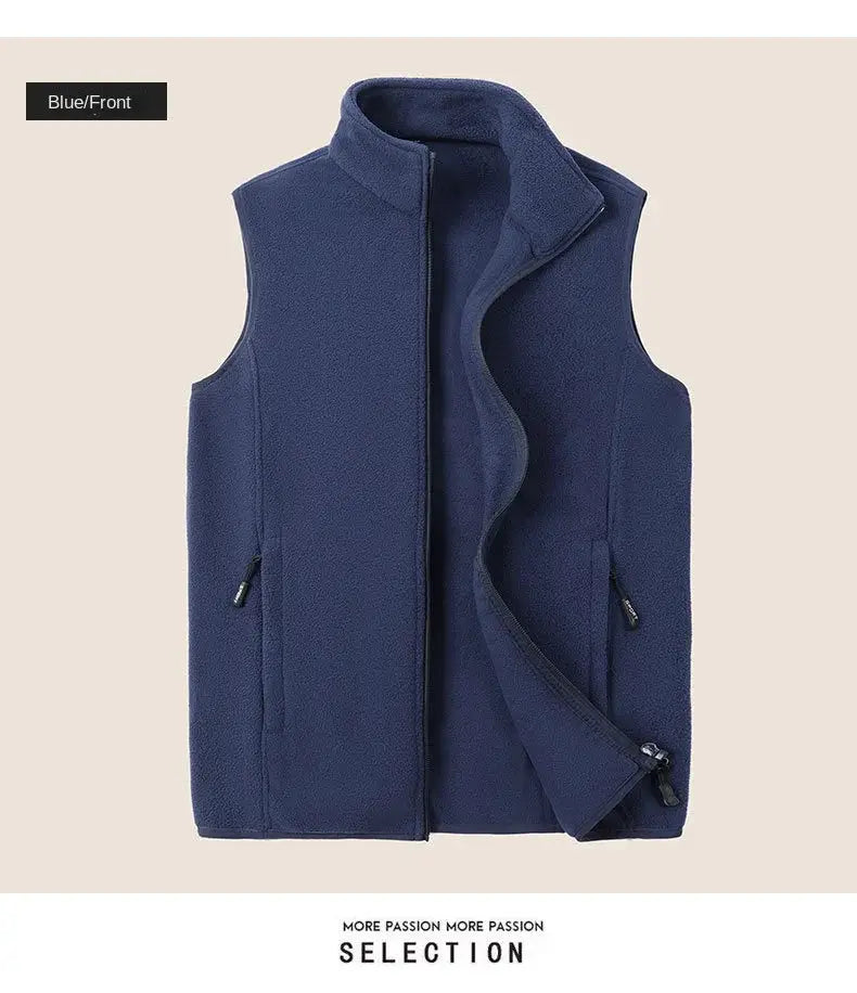 Blue men's fleece waistcoat vest by Simples Market, sleeveless warm jacket with front zip pockets