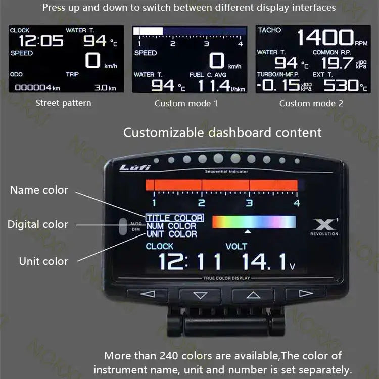 Lufi X1 Revolution OBD2 car gauge by Simples Market with smart digital color display and customizable dashboard