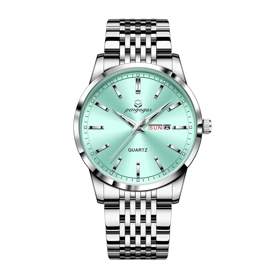 Men's stainless steel quartz watch with mint dial, day/date window, and polished bracelet.