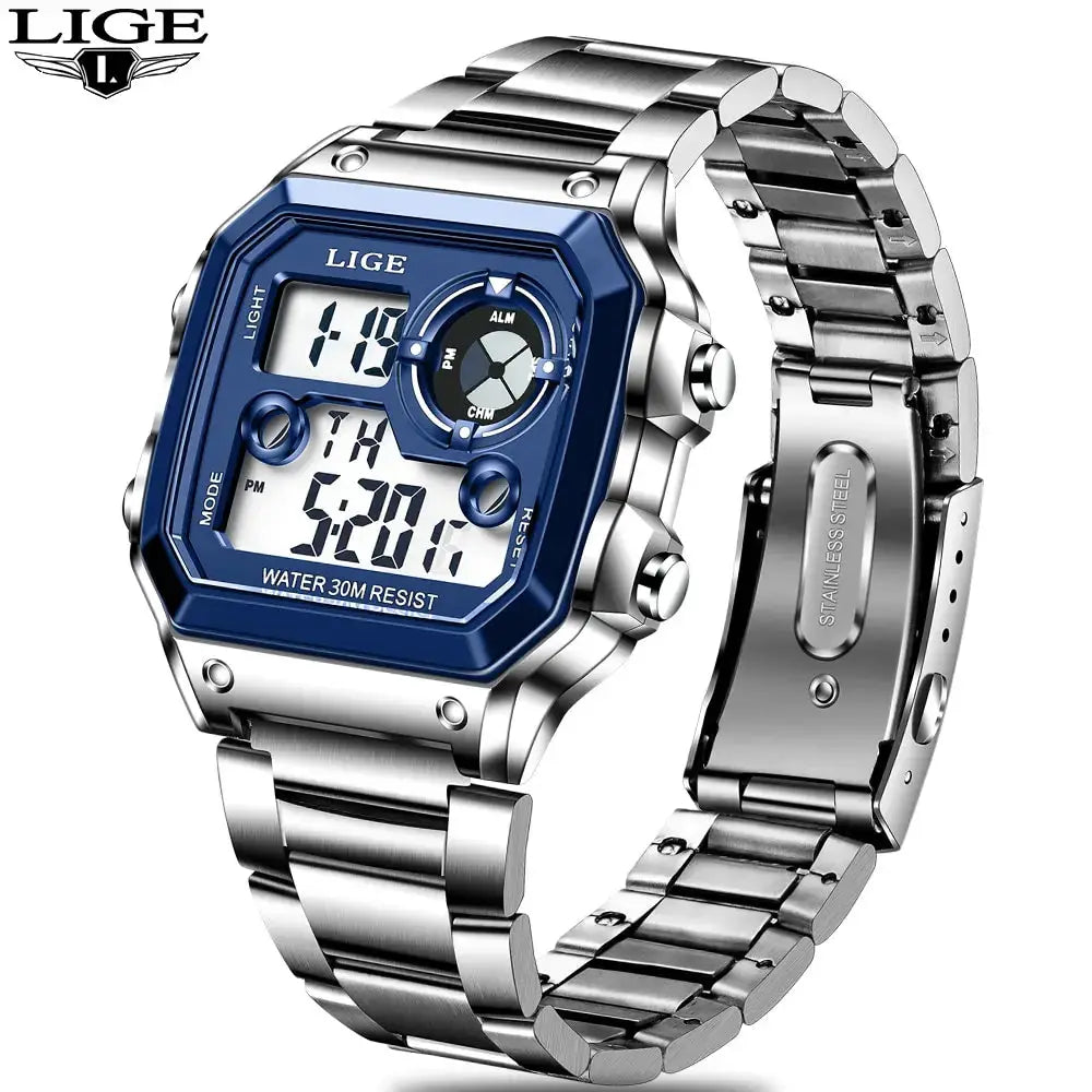 LIGE men's digital sport wristwatch with blue bezel and stainless steel band, water resistant 30m.