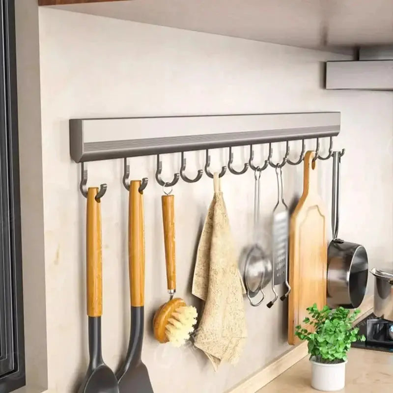 Kitchen storage rack aluminum wall-mounted hook rack with multiple utensil hooks