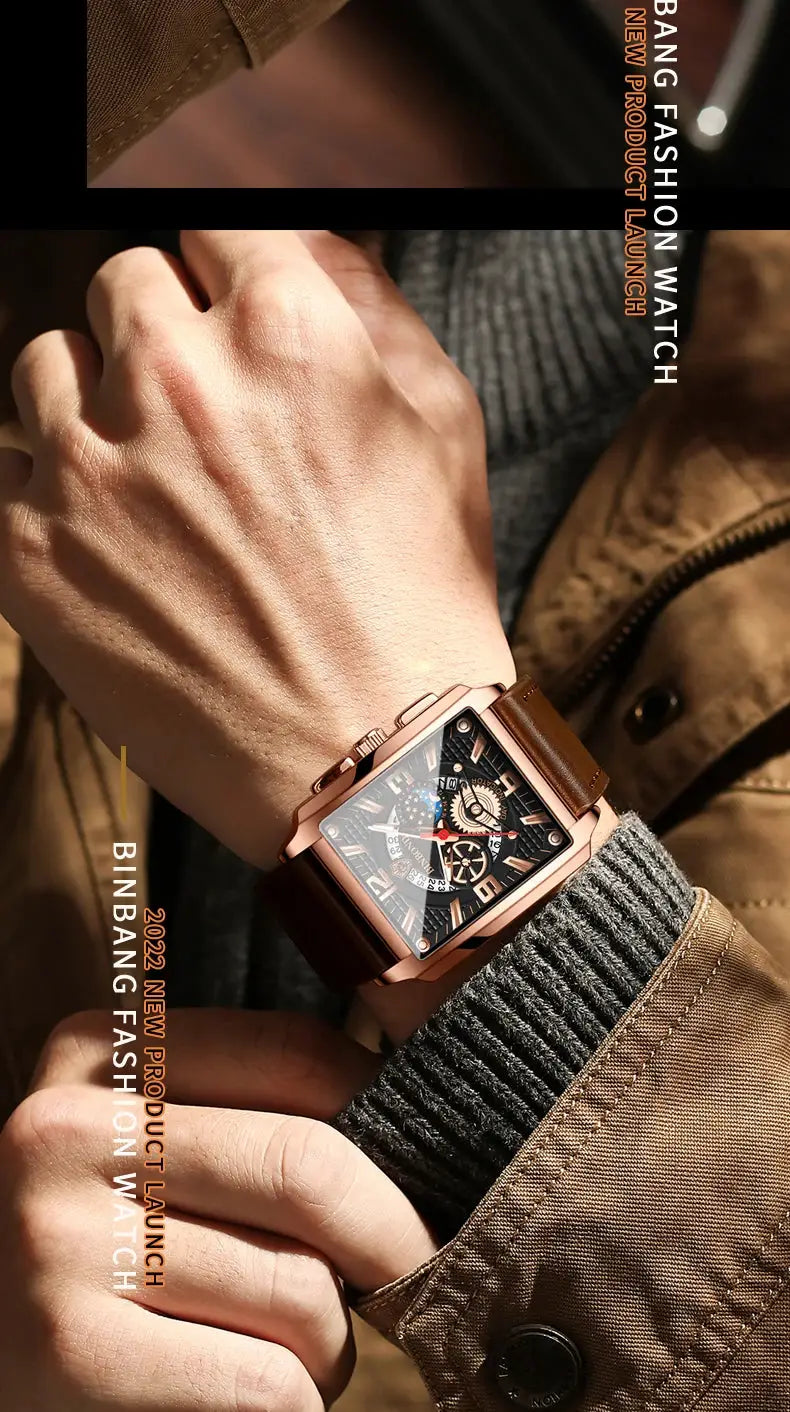BINBOND Auto Date Precise Men's Watch with rose-gold square case, brown leather strap, skeleton dial