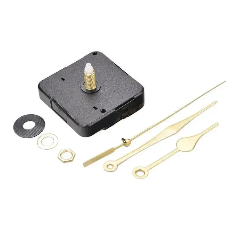 Clock movement kit with silent quartz mechanism; black case and gold hands, includes spacers and mounting hardware.