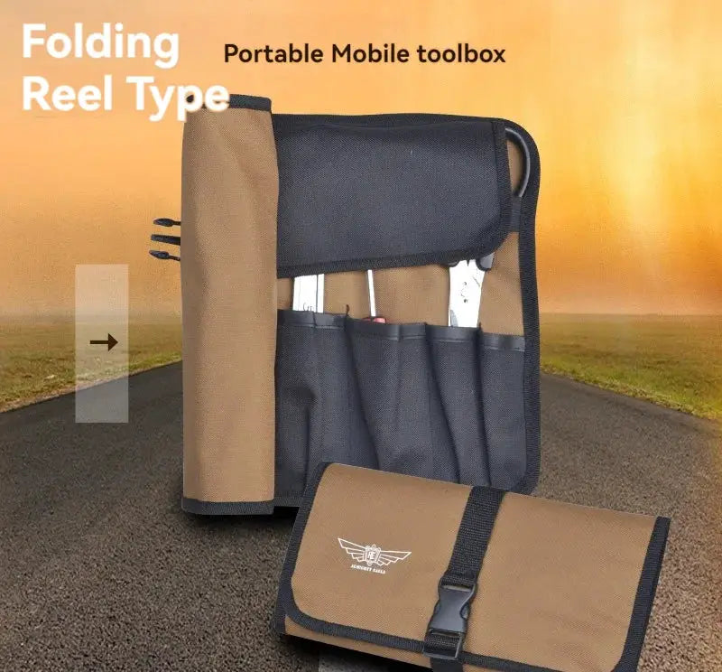 Simples Market folding reel-type portable tool roll with tan and black Oxford cloth pockets