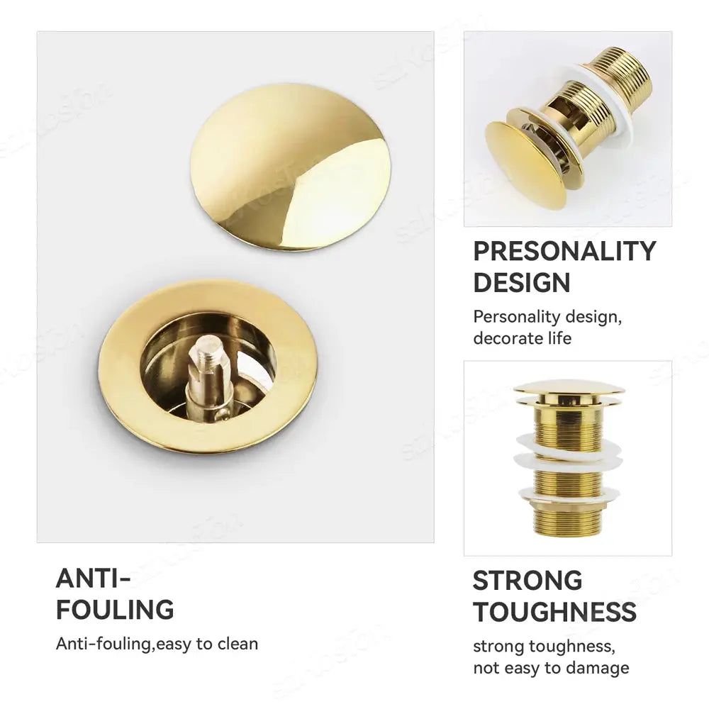 Simples Market gold pop-up drain button for bathroom sink with brass finish and threaded waste stopper