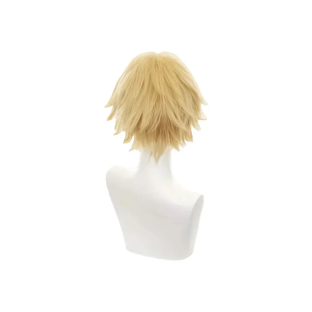 Chainsaw Man Denji cosplay wig in golden heat-resistant synthetic, short layered style, Simples Market.