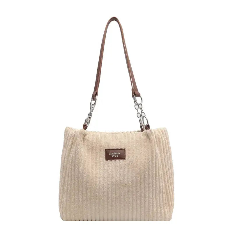 Women corduroy shoulder bag beige; fixed shoulder strap with chain hardware, large capacity simple handbag