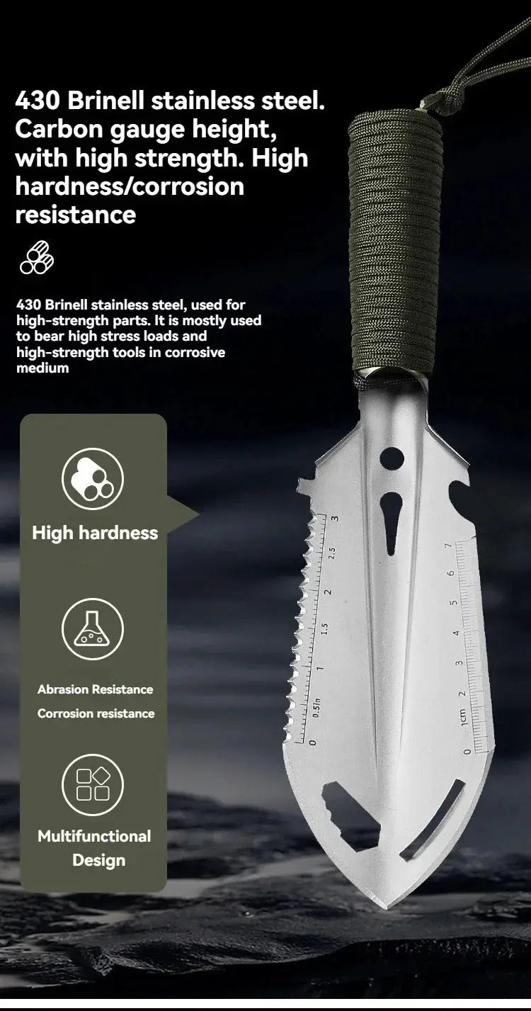 Outdoor sappers shovel by Simples Market; stainless steel handheld multitool with built-in ruler