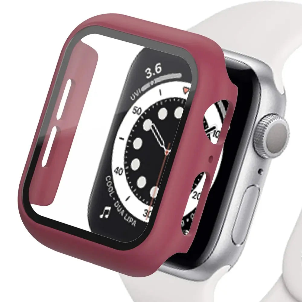 Tempered glass Apple Watch protective case with burgundy frame by Simples Market for 40–45mm sizes