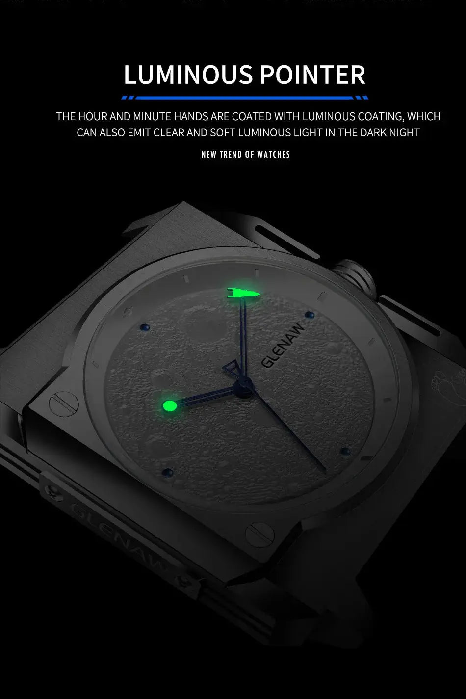 Montre homme GLENAW stainless steel mechanical watch with moon dial and luminous green pointers