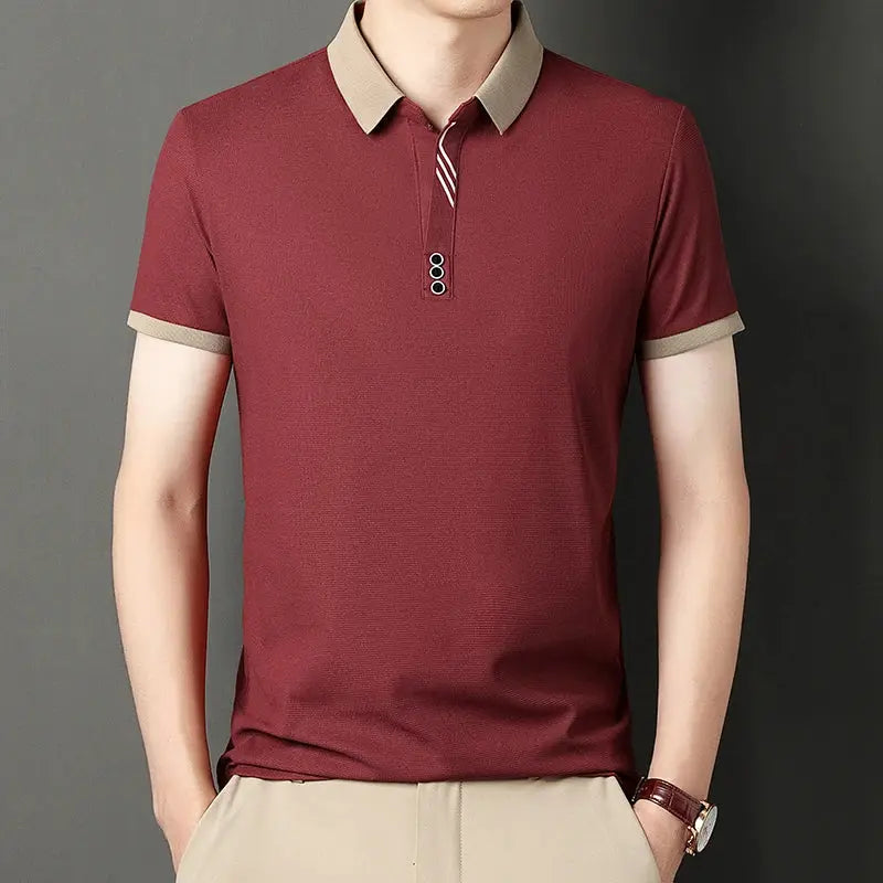 Men's burgundy polo shirt with beige collar and cuffs, short sleeves