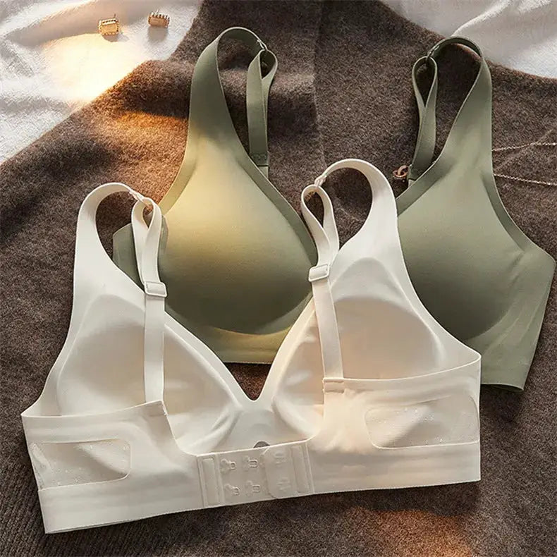 Wire-free bralette trio in white and olive green with adjustable straps and back closures